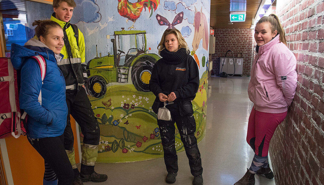 Internatgangen har sitt klare særpreg. Elevene er fra venstre: Loise Arntzen, Fredrik Fjærvoll Olsen, Cecilie Sigvartsen og Ragnhild Wilskog. Foto: Kari Kløvstad Internatgangen har sitt klare særpreg. Elevene er fra venstre: Loise Arntzen, Fredrik Fjærvoll Olsen, Cecilie Sigvartsen og Ragnhild Wilskog. Foto: Kari Kløvstad