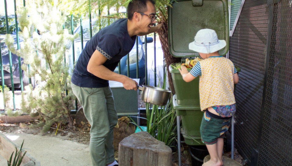 Den australske barnehagelæreren Tommy Tan hjelper en av de minste i barnehagen med å mate marken i markfarmen med matavfall fra barnehagens kjøkken. Foto: Andrea Thiis- Evensen