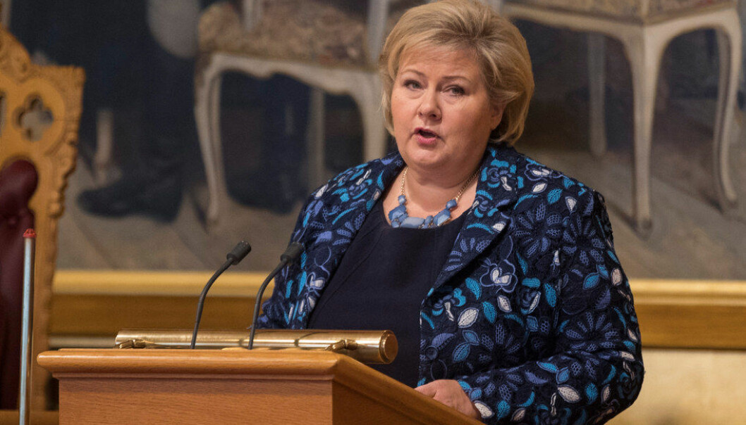 Statsminister Erna Solberg (H) under trontaledebatten i Stortinget torsdag. Foto: Terje Pedersen / NTB Scanpix