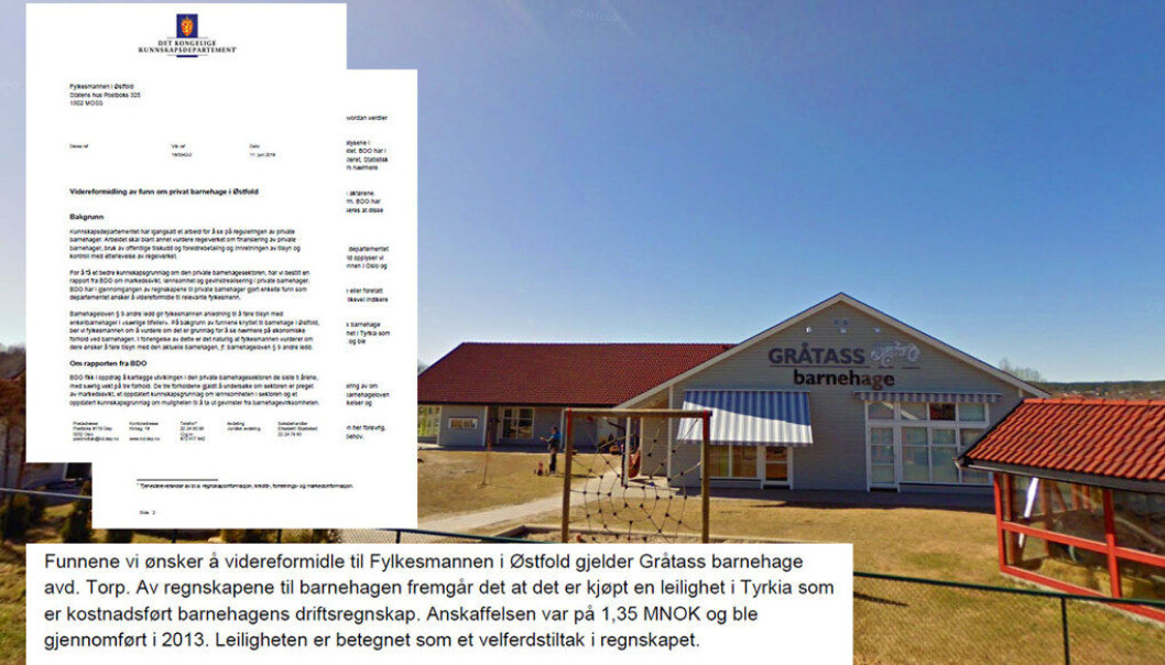 Gråtass Barnehage AS i Østfold er en av flere navngitte barnehager som Kunnskapsdepartementet ønsker at fylkesmannen ser nærmere på. Denne barnehagen har kjøpt og solgt leilighet i Tyrkia, og kjøpt leilighet på Hafjell for de ansatte. Foto/montasje: Google/Paal Svendsen Gråtass Barnehage AS i Østfold er en av flere navngitte barnehager som Kunnskapsdepartementet ønsker at fylkesmannen ser nærmere på. Denne barnehagen har kjøpt og solgt leilighet i Tyrkia, og kjøpt leilighet på Hafjell for de ansatte. Foto/montasje: Google/Paal Svendsen