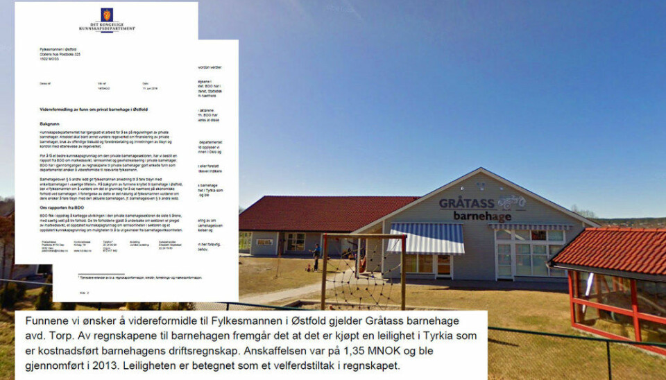 Gråtass Barnehage AS  i Østfold er en av flere navngitte barnehager som Kunnskapsdepartementet ønsker at fylkesmannen ser nærmere på. Denne barnehagen har kjøpt og solgt leilighet i Tyrkia, og kjøpt leilighet på Hafjell for de ansatte. Foto/montasje: Google/Paal Svendsen