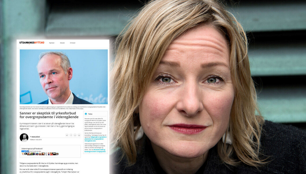 – Det er helt hårreisende. Det er klart at overgrepsdømte ikke skal få lov til å jobbe i skolen, sier Oslos skolebyråd Inga Marte Thorkildsen om kunnskapsministerens uttalelse om at elever i vgs. ikke er like sårbare overfor seksuelle overgrep fra lærere som elever i grunnskolen. Foto: Mimsy Møller / Samfoto – Det er helt hårreisende. Det er klart at overgrepsdømte ikke skal få lov til å jobbe i skolen, sier Oslos skolebyråd Inga Marte Thorkildsen om kunnskapsministerens uttalelse om at elever i vgs. ikke er like sårbare overfor seksuelle overgrep fra lærere som elever i grunnskolen. Foto: Mimsy Møller / Samfoto