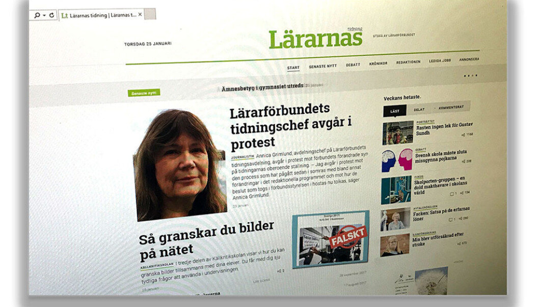 Annica Grimlund går av som sjef for avdelingen som gir ut bladene og nettutgavene til svenske Lärarförbundet etter at ledelsen i forbundet i praksis fjerner journalistenes og redaktørenes uavhengighet. Foto: Paal Svendsen Annica Grimlund går av som sjef for avdelingen som gir ut bladene og nettutgavene til svenske Lärarförbundet etter at ledelsen i forbundet i praksis fjerner journalistenes og redaktørenes uavhengighet. Foto: Paal Svendsen