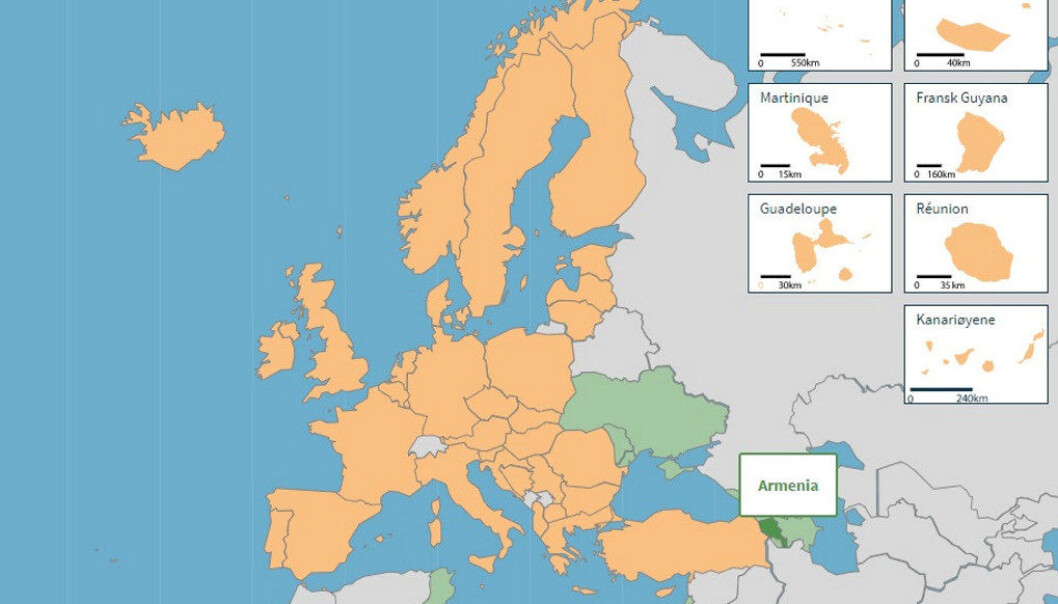 eTwinning ble lansert i 2005 som hovedtiltaket til Europakommisjonens eLæringsprogram, og har vært tett integrert i Erasmus+, det europeiske programmet for utdanning, opplæring, ungdom og idrett, siden 2014. Kartet viser land som deltar (gult og grønt). Skjermdump fra etwinning.net, prosjektets hjemmeside. eTwinning ble lansert i 2005 som hovedtiltaket til Europakommisjonens eLæringsprogram, og har vært tett integrert i Erasmus+, det europeiske programmet for utdanning, opplæring, ungdom og idrett, siden 2014. Kartet viser land som deltar (gult og grønt). Skjermdump fra etwinning.net, prosjektets hjemmeside.