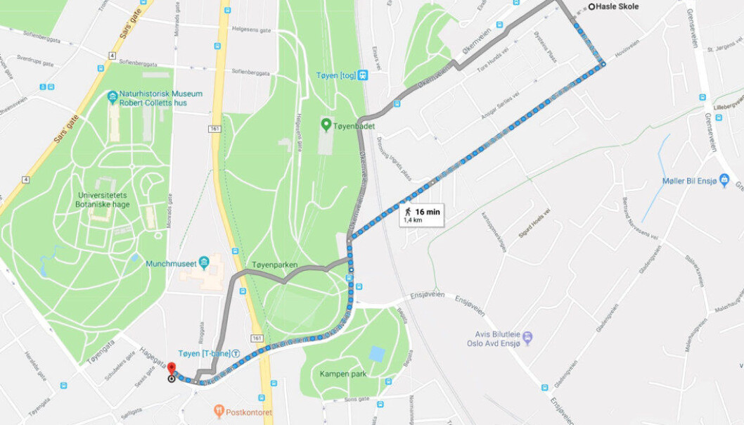 Det er bare 1,4 kilometer mellom Oslos beste skole, Hasle skole, til Tøyen skole, som er på nest sisteplass. Skjermdump fra Google Maps. Det er bare 1,4 kilometer mellom Oslos beste skole, Hasle skole, til Tøyen skole, som er på nest sisteplass. Skjermdump fra Google Maps.