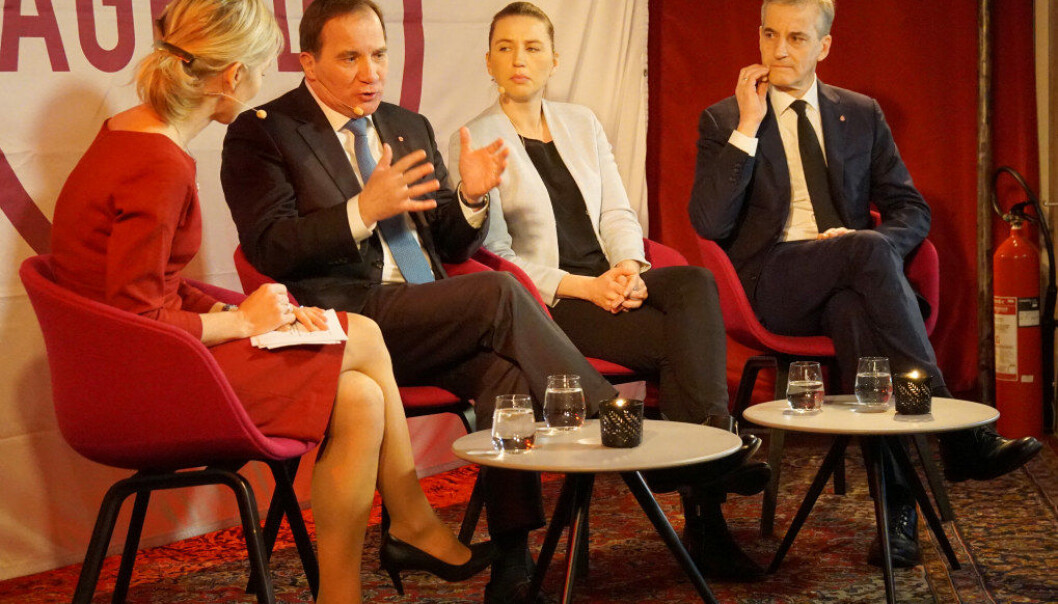 Fra venstre: debattleder Marte Gerhardsen, Stefan Löfven, Mette Frederiksen og Jonas Gahr Støre. Foto: Marianne Ruud Fra venstre: debattleder Marte Gerhardsen, Stefan Löfven, Mette Frederiksen og Jonas Gahr Støre. Foto: Marianne Ruud