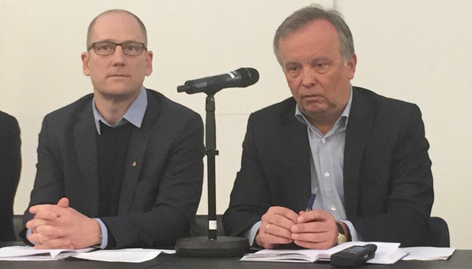 Steffen Handal (Unio kommune) og Per Kristian Sundnes i KS under starten av tariffoppgjøret tidligere denne måneden. Foto: Paal Svendsen