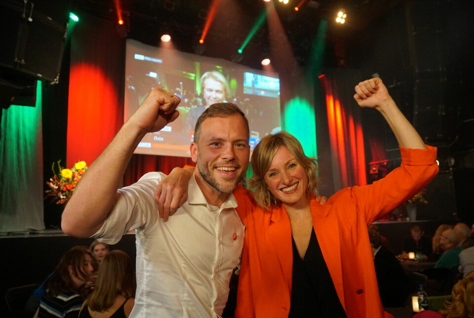 Partileder Audun Lysbakken og skolebyråd Inga Marte Thorkildsen er strålende fornøyde med SVs valgresultat. Foto: Marianne Ruud