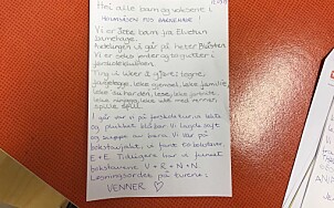 I det første brevet til Holmsåsen Fus barnehage i Oslo har barna på Blåsten skrevet om hva de liker å gjøre i barnehagen. Foto: Privat I det første brevet til Holmsåsen Fus barnehage i Oslo har barna på Blåsten skrevet om hva de liker å gjøre i barnehagen. Foto: Privat