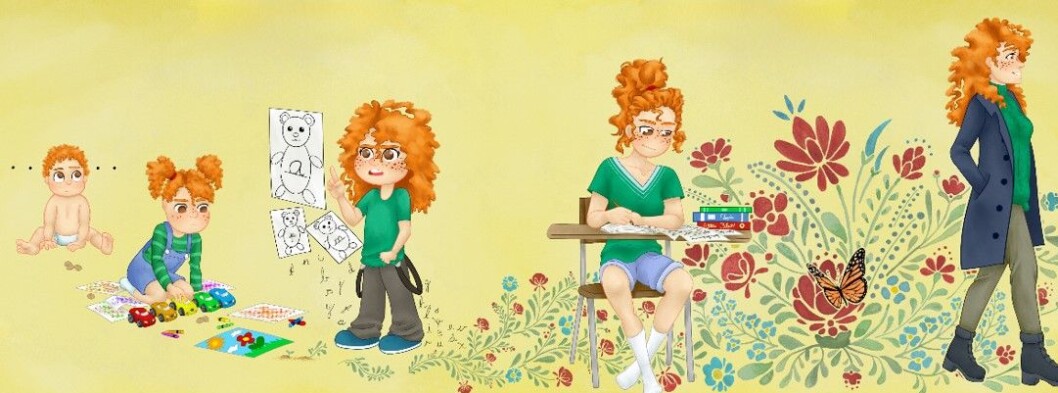 Boken er illustrert av Haugland selv. Her viser hun sin språklige reise. Illustrasjon: Frida Haugland Boken er illustrert av Haugland selv. Her viser hun sin språklige reise. Illustrasjon: Frida Haugland