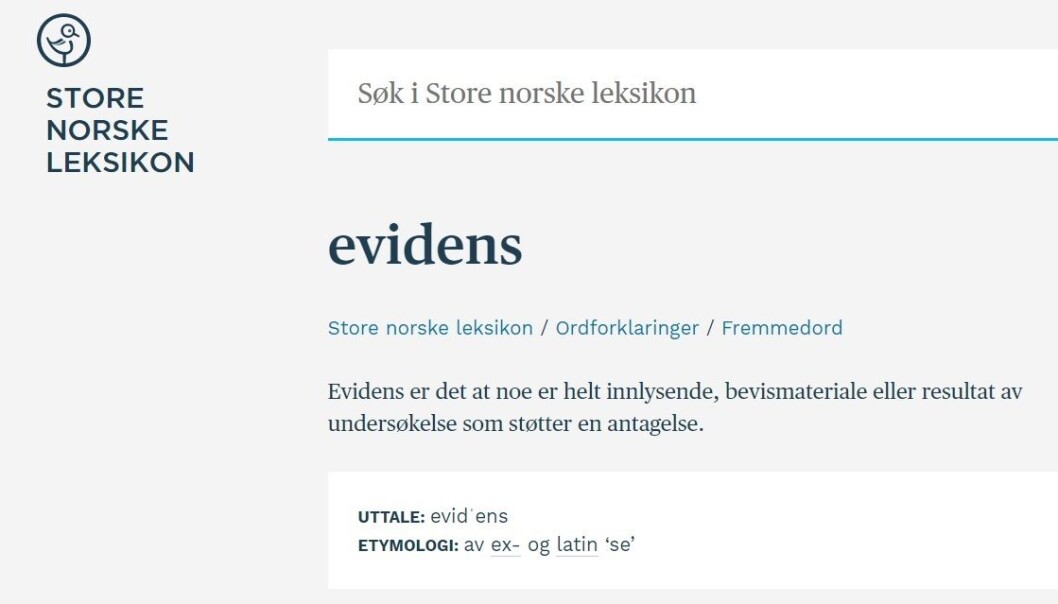 Oppslagsordet «evidens» i Store norske leksikon. Skjermdump fra snl.no. Oppslagsordet «evidens» i Store norske leksikon. Skjermdump fra snl.no.