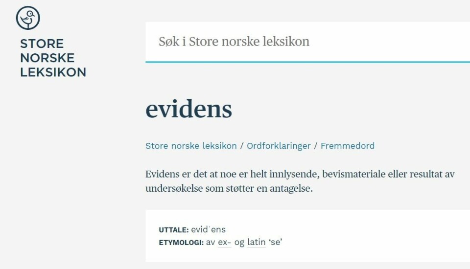 Oppslagsordet «evidens» i Store norske leksikon. Skjermdump fra snl.no.