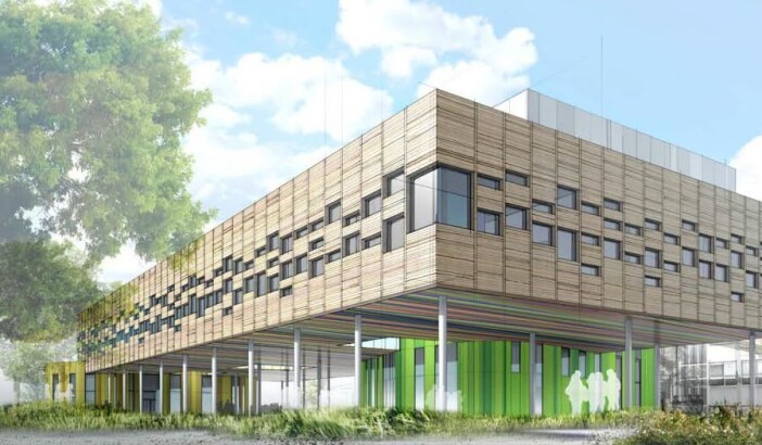 Deler av skolegården vil være under det nye skolebygget. Illustrasjon: Plus Arkitektur