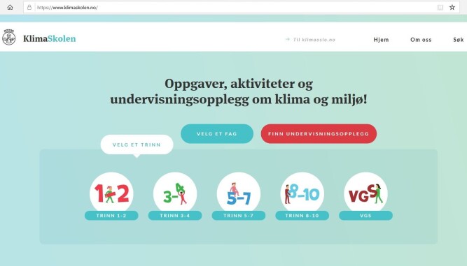 Slik ser ressursplattformen ut. Skjermdump: klimaskolen.no Slik ser ressursplattformen ut. Skjermdump: klimaskolen.no