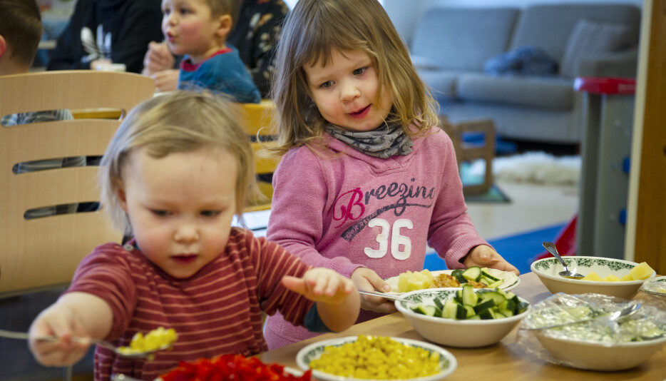 Maten er servert, og Elida Bårnes og Sigrid Jenssen får forsyne seg selv. Ideene til fiskerettene henter barnehagen fra nettsteder som Godfisk og Fiskesprell.