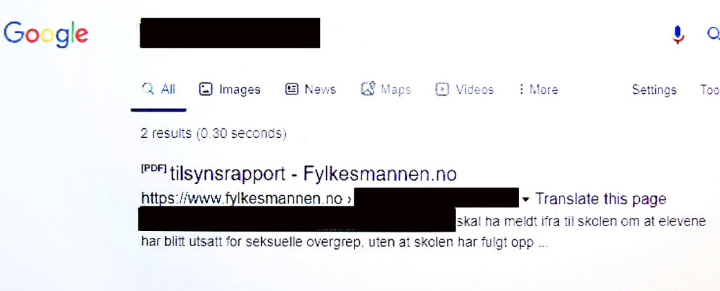 Dette var blant treffene man fikk opp da man søkte på navnet til to av elevene i rapporten. Under sladden her sto de med fullt navn. Dette var blant treffene man fikk opp da man søkte på navnet til to av elevene i rapporten. Under sladden her sto de med fullt navn.