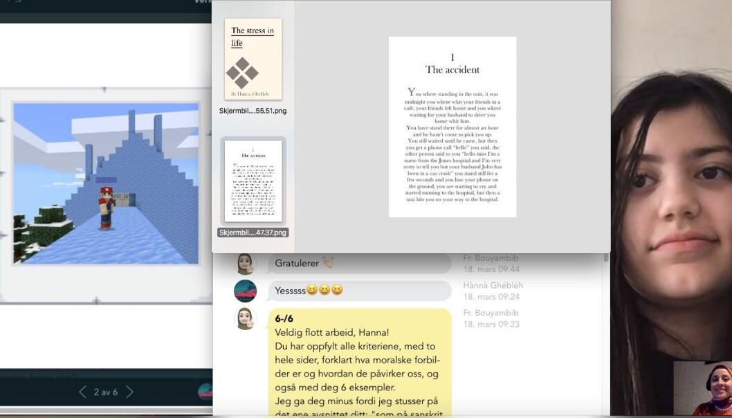 Hanna i 7a på Tiurleiken skole viser lærer Farah Bouyambib hva hun har gjort. Et isslott laget i Minecraft Education Edition, begynnelsen på påskekrim skrevet på engelsk og svar på fagtekst skrevet i KRLE. Hanna i 7a på Tiurleiken skole viser lærer Farah Bouyambib hva hun har gjort. Et isslott laget i Minecraft Education Edition, begynnelsen på påskekrim skrevet på engelsk og svar på fagtekst skrevet i KRLE.