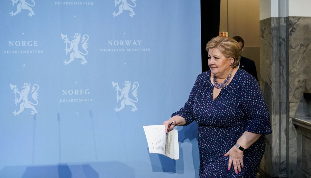 Statsminister Erna Solberg under Regjeringens pressekonferanse om gjenåpning av samfunnet.
Foto: Fredrik Hagen / NTB scanpix Statsminister Erna Solberg under Regjeringens pressekonferanse om gjenåpning av samfunnet.
Foto: Fredrik Hagen / NTB scanpix