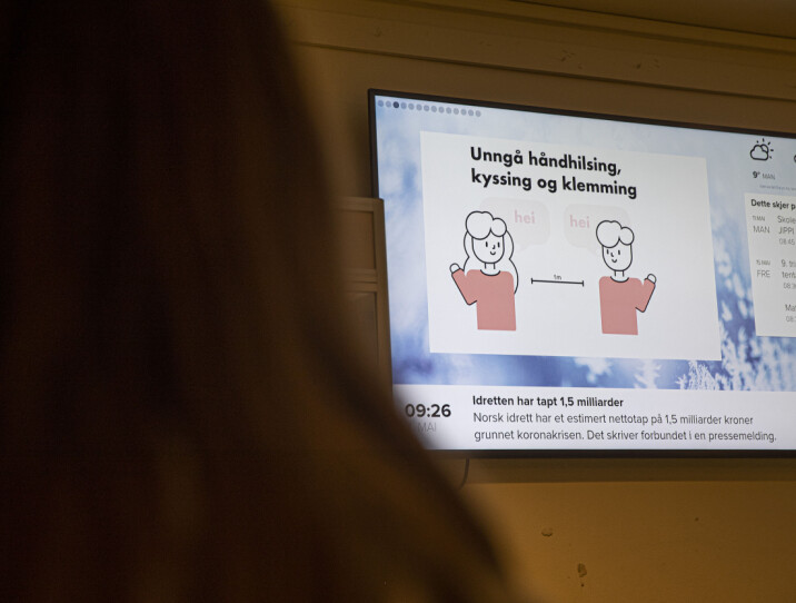 På Skullerud skole i Oslo fikk elevene korona-tiltakene på skjerm. Foto: Mattis Sandblad/VG På Skullerud skole i Oslo fikk elevene korona-tiltakene på skjerm. Foto: Mattis Sandblad/VG