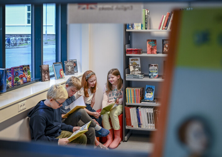 Professor Joron Pihl frykter skolebibliotekene forsvinner. På bildet er fjerdeklassingene Sebastian, Sigve, Andrea og Thale på skolebiblioteket på Grefsen skole.