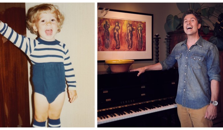 SANG VED PIANOET: Som liten sang artisten Espen Grjotheim både i barnehagen og sammen med dagmammaen, men det er hans musikkinteresserte foreldre som inspirerte til artistkarrieren. Nå kler han seg om til Freddie i musikalen Chess i Oslo.