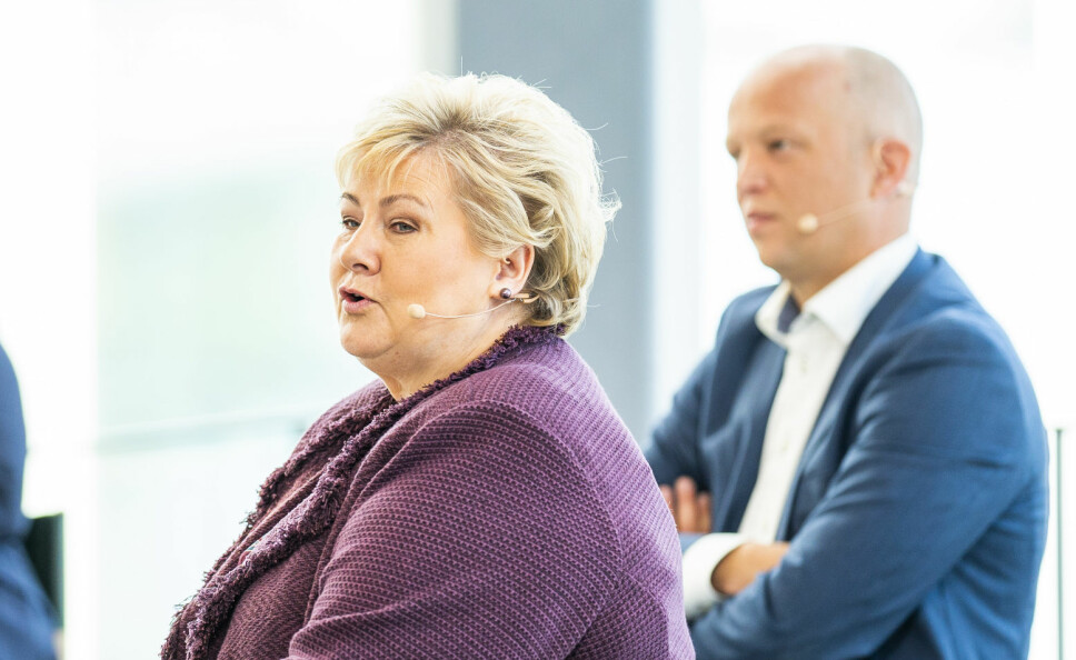 Statsminister Erna Solberg (H) og leder i Senterpartiet (Sp) Trygve Slagsvold Vedum