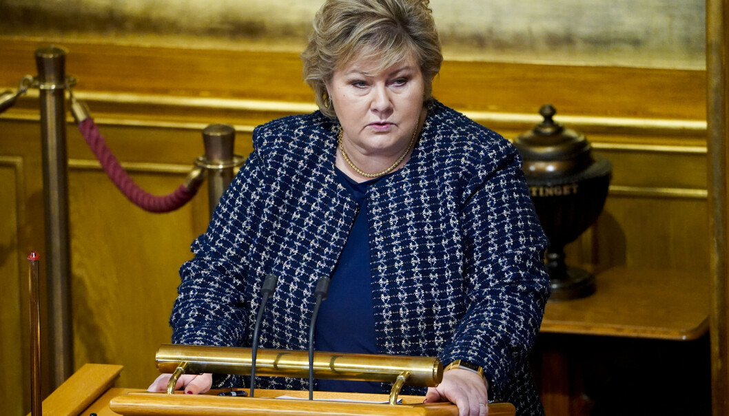 Statsminister Erna Solberg (H) redegjorde for håndteringen av koronapandemien i Stortinget mandag. Statsminister Erna Solberg (H) redegjorde for håndteringen av koronapandemien i Stortinget mandag.
