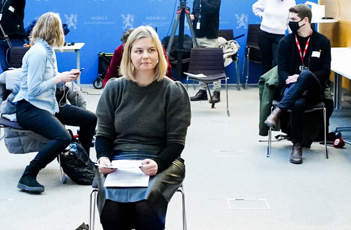 Kunnskaps- og integreringsminister Guri Melby under pressekonferanseen om vårens eksamener i ungdomsskolen og videregående opplæring.