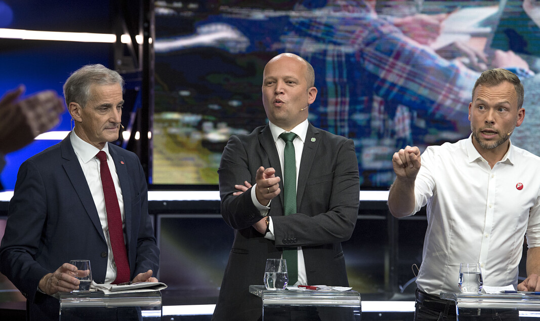 Jonas Gahr Støre (Ap), Trygve Slagsvold Vedum (Sp), Audun Lysbakken (SV) på partilederdebatt i 2019. De må satse på å vinne valget dersom de skal reversere ordningen med nasjonal inntaksordning i videregående skole. Jonas Gahr Støre (Ap), Trygve Slagsvold Vedum (Sp), Audun Lysbakken (SV) på partilederdebatt i 2019. De må satse på å vinne valget dersom de skal reversere ordningen med nasjonal inntaksordning i videregående skole.