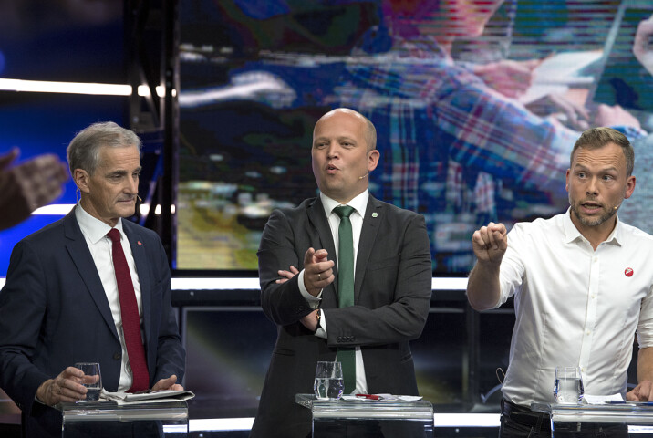 Jonas Gahr Støre (Ap), Trygve Slagsvold Vedum (Sp), Audun Lysbakken (SV) på partilederdebatt i 2019. De må satse på å vinne valget dersom de skal reversere ordningen med nasjonal inntaksordning i videregående skole.