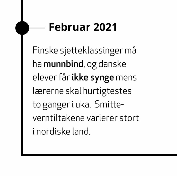 <a href="https://www.utdanningsnytt.no/danmark-finland-island/munnbind-for-barnehagetilsette-songforbod-og-testing--slik-er-tiltaka-i-skular-og-barnehagar-i-norden/272374">Les: Smitteverntiltakene i nordiske land varierer.</a>