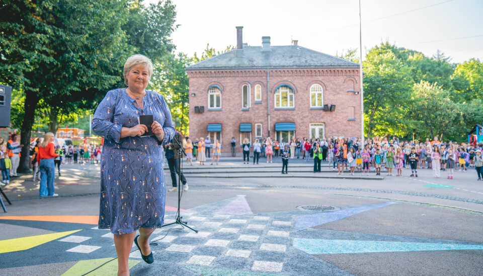 Statsminister Erna Solberg på Lakkegata skole i Oslo.