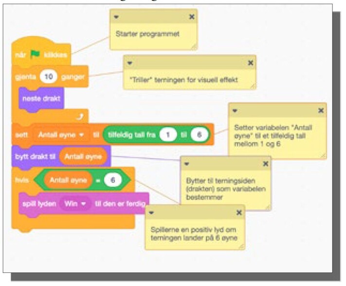 Et program i Scratch som simulerer en terning. Et program i Scratch som simulerer en terning.