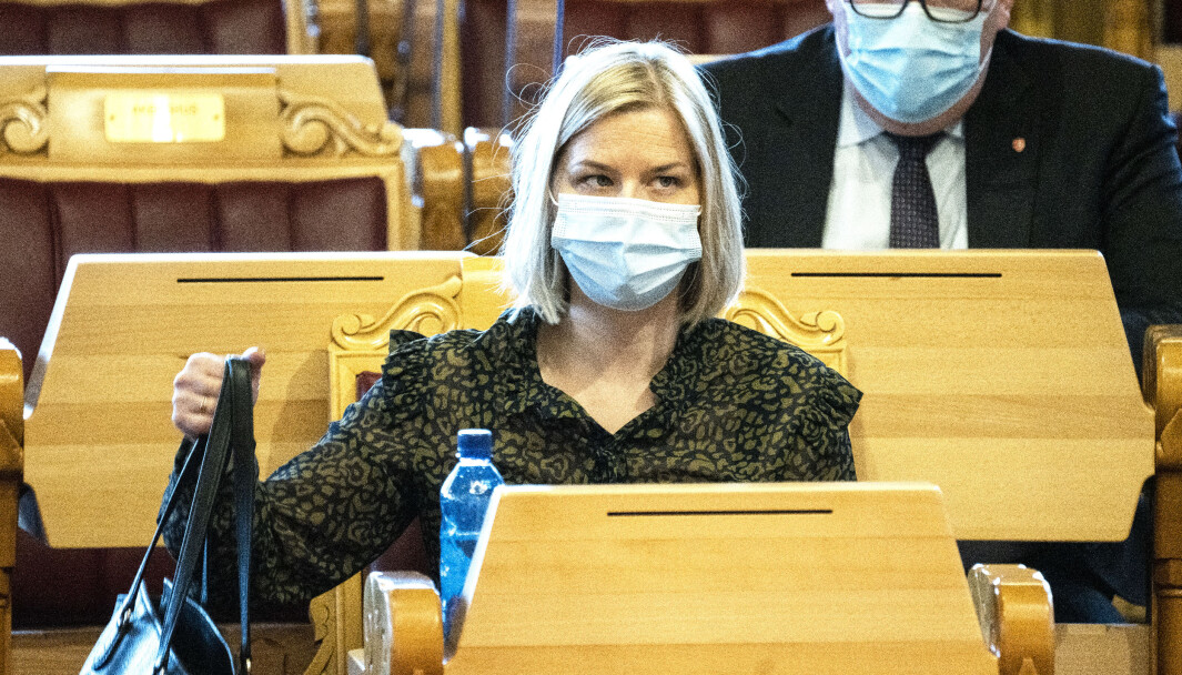 Kunnskaps- og integreringsminister Guri Melby (V) under den muntlige spørretimen på Stortinget, onsdag. Kunnskaps- og integreringsminister Guri Melby (V) under den muntlige spørretimen på Stortinget, onsdag.