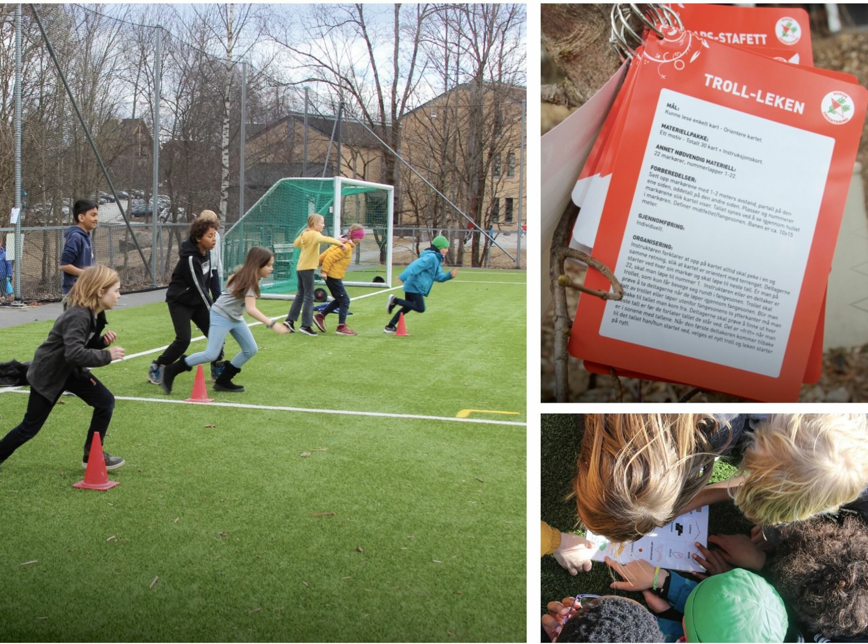 Norges Orienteringsforbund sender skoler gratis poster og materiell. Orienterings-stafett på kunstgresset gir stor aktivitetsglede.