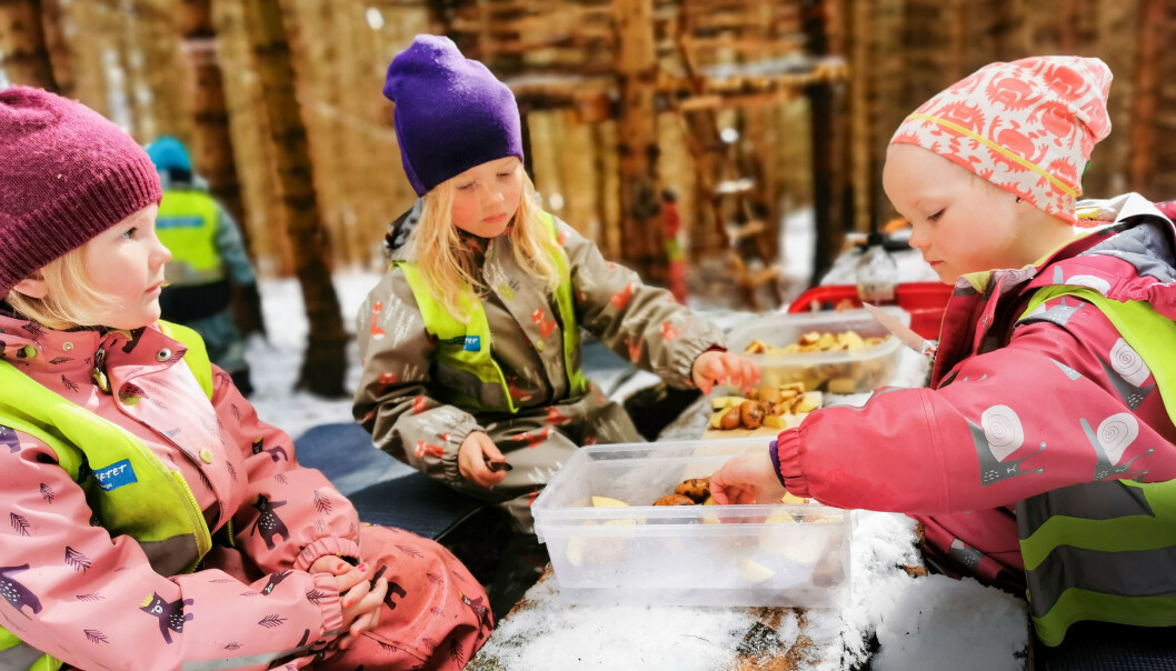 Tilje-Emilie, Oda og Agnes har fått oppdraget med å skjære sund potetene de har vasket, som skal bli dagens utendørs lunsj. Tilje-Emilie, Oda og Agnes har fått oppdraget med å skjære sund potetene de har vasket, som skal bli dagens utendørs lunsj.