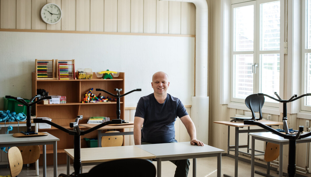 Senterpartiets leder Trygve Slagsvold Vedum fotografert på Beidablikk skole, der han selv gikk som barn. Senterpartiets leder Trygve Slagsvold Vedum fotografert på Beidablikk skole, der han selv gikk som barn.