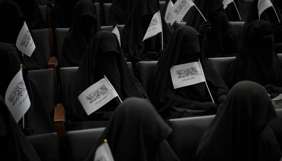 Women wave Taliban flags as they sit inside an auditorium at Kabul University's education center during a demonstration in support of the Taliban government in Kabul, Afghanistan, Saturday, Sept. 11, 2021. (AP Photo/Felipe Dana)