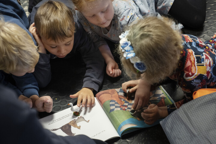 I Vassøy barnehage er ungene oppslukt av eventyret Den lille røde høna og hvetekornene. I kofferten følger det med fire små leker, som inspirerer til rollespill.