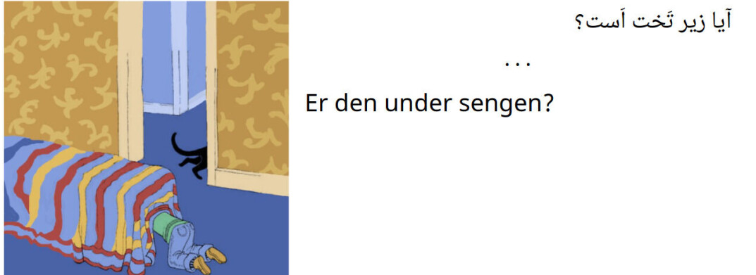 Figur 3. Hvor er katten min? Er den under sengen? Er den oppå skapet? Er den bak sofaen? Er den ved siden av søppelbøtta? Boksiden som vises her er fra pdf-versjonen, der språkene er synlige samtidig. I det digitale formatet trykker man på en knapp for å veksle mellom ulike språk. Figur 3. Hvor er katten min? Er den under sengen? Er den oppå skapet? Er den bak sofaen? Er den ved siden av søppelbøtta? Boksiden som vises her er fra pdf-versjonen, der språkene er synlige samtidig. I det digitale formatet trykker man på en knapp for å veksle mellom ulike språk.