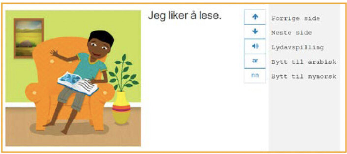 Figur 2. En side i en fortelling med forklaring av knappene. Figur 2. En side i en fortelling med forklaring av knappene.