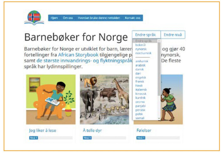 Figur 1. Forsiden av Barnebøker for Norge med noen av de tilgjengelige språkene. Figur 1. Forsiden av Barnebøker for Norge med noen av de tilgjengelige språkene.