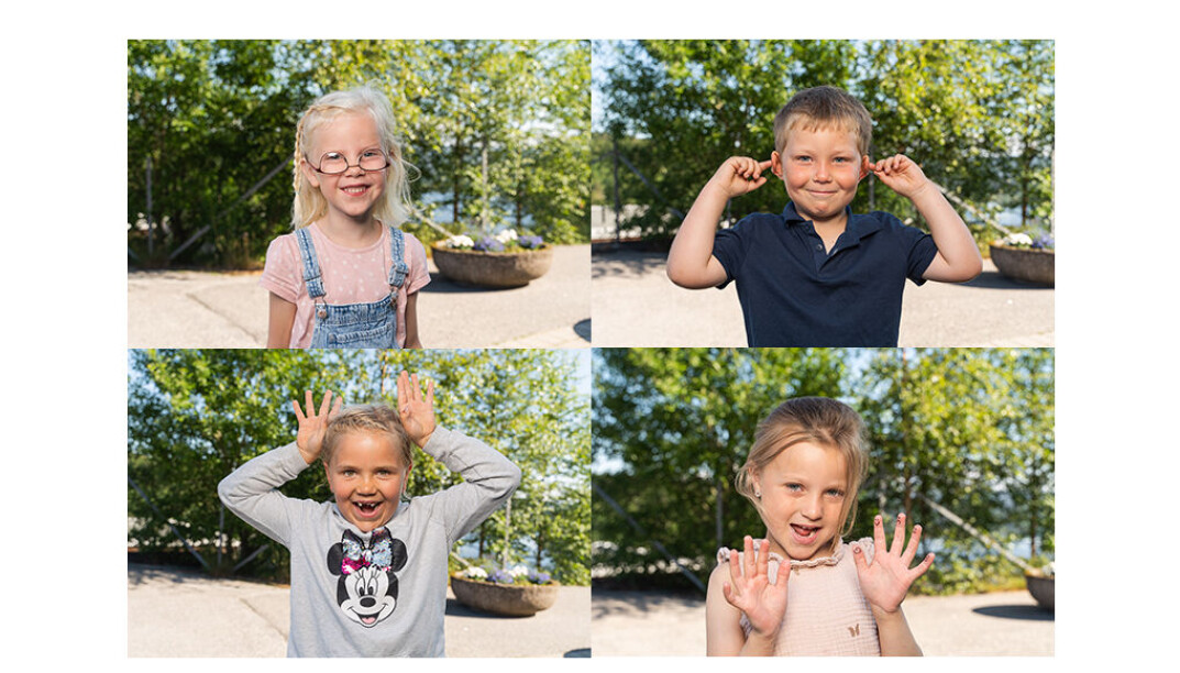 – Vi ler av rare grimaser, sier Hanne-Lill Hulløen-Syvertsen (6) og får støtte av Mina Joreid (øverst t.v.), Alida Ingebretsen (nederst t.h.), Emely G. Myrvold (6) (nederst t.v.) og Jakob Linden Pedersen (6). – Vi ler av rare grimaser, sier Hanne-Lill Hulløen-Syvertsen (6) og får støtte av Mina Joreid (øverst t.v.), Alida Ingebretsen (nederst t.h.), Emely G. Myrvold (6) (nederst t.v.) og Jakob Linden Pedersen (6).