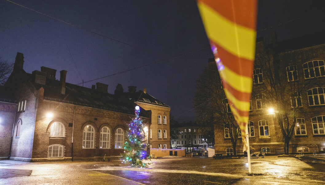 Et juletre står i skolegården til Lakkegata skole i Oslo. Regjeringen har bestemt at gult nivå videreføres i barnehager og grunnskoler etter juleferien.