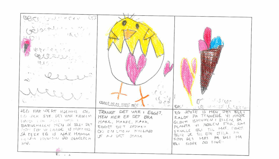 –Figur 2. Det er gøy med hemmelig skrift sa et av barna i prosjektet der de fikk lekeskrive i barnehagen, og barna viste stor forteller glede med å lage tegneserier.