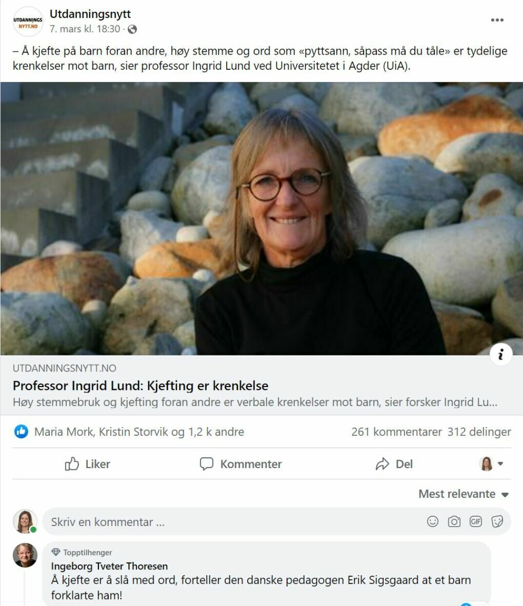 Professor Ingrid Lund skapte debatt med sine uttalelser om at det å kjefte på barn foran andre og med høy stemme er krenkelser mot barn. Mange var enige med henne og noen var uenig.