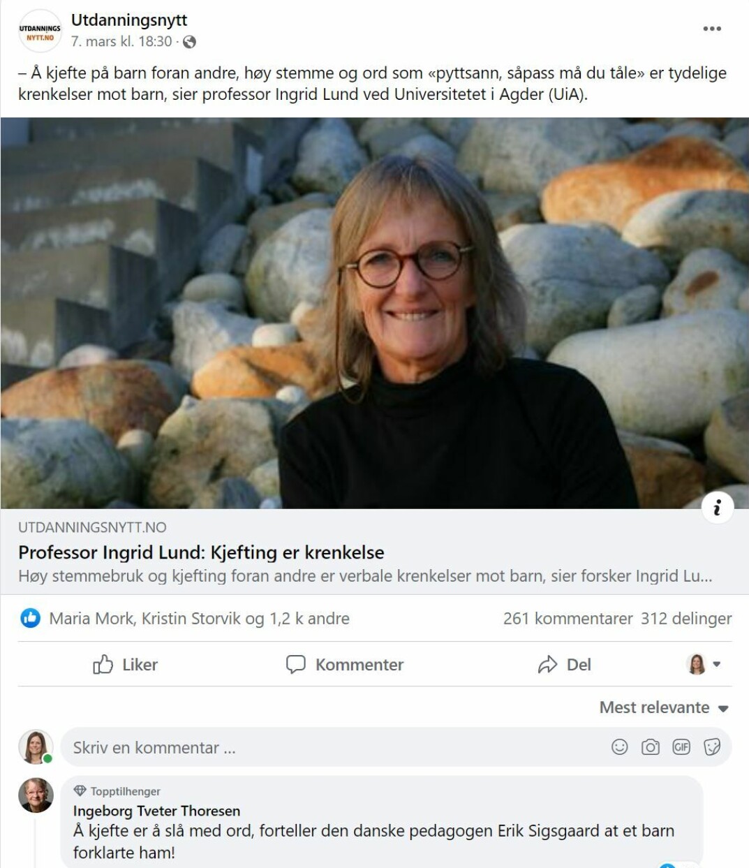 Professor Ingrid Lund skapte debatt med sine uttalelser om at det å kjefte på barn foran andre og med høy stemme er krenkelser mot barn. Mange var enige med henne og noen var uenig. Professor Ingrid Lund skapte debatt med sine uttalelser om at det å kjefte på barn foran andre og med høy stemme er krenkelser mot barn. Mange var enige med henne og noen var uenig.