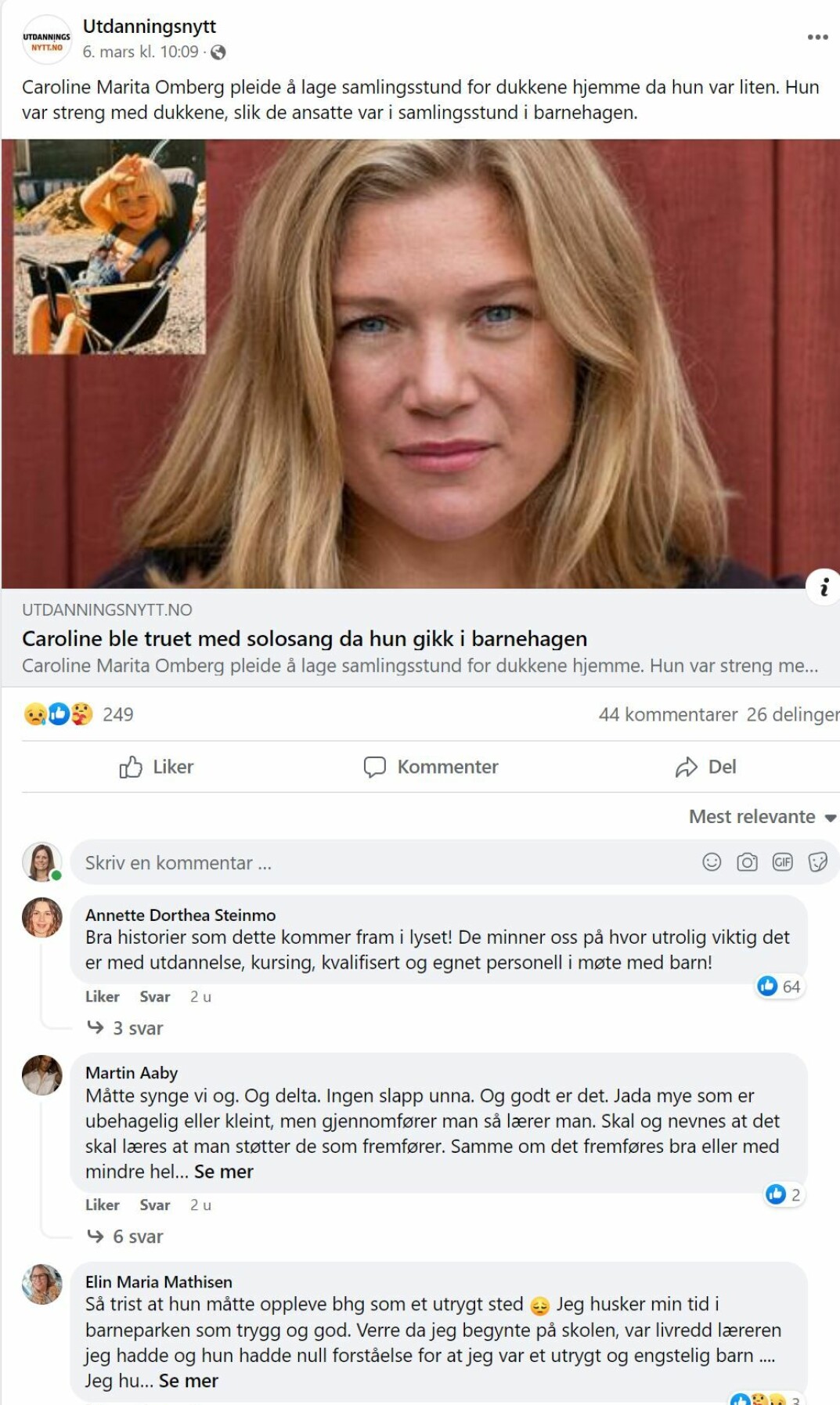 Caroline fikk massiv støtte fra leserne etter at hun sto frem og fortalte at hun ble truet med solosang og var redd de ansatte i barnehagen som liten. Caroline fikk massiv støtte fra leserne etter at hun sto frem og fortalte at hun ble truet med solosang og var redd de ansatte i barnehagen som liten.