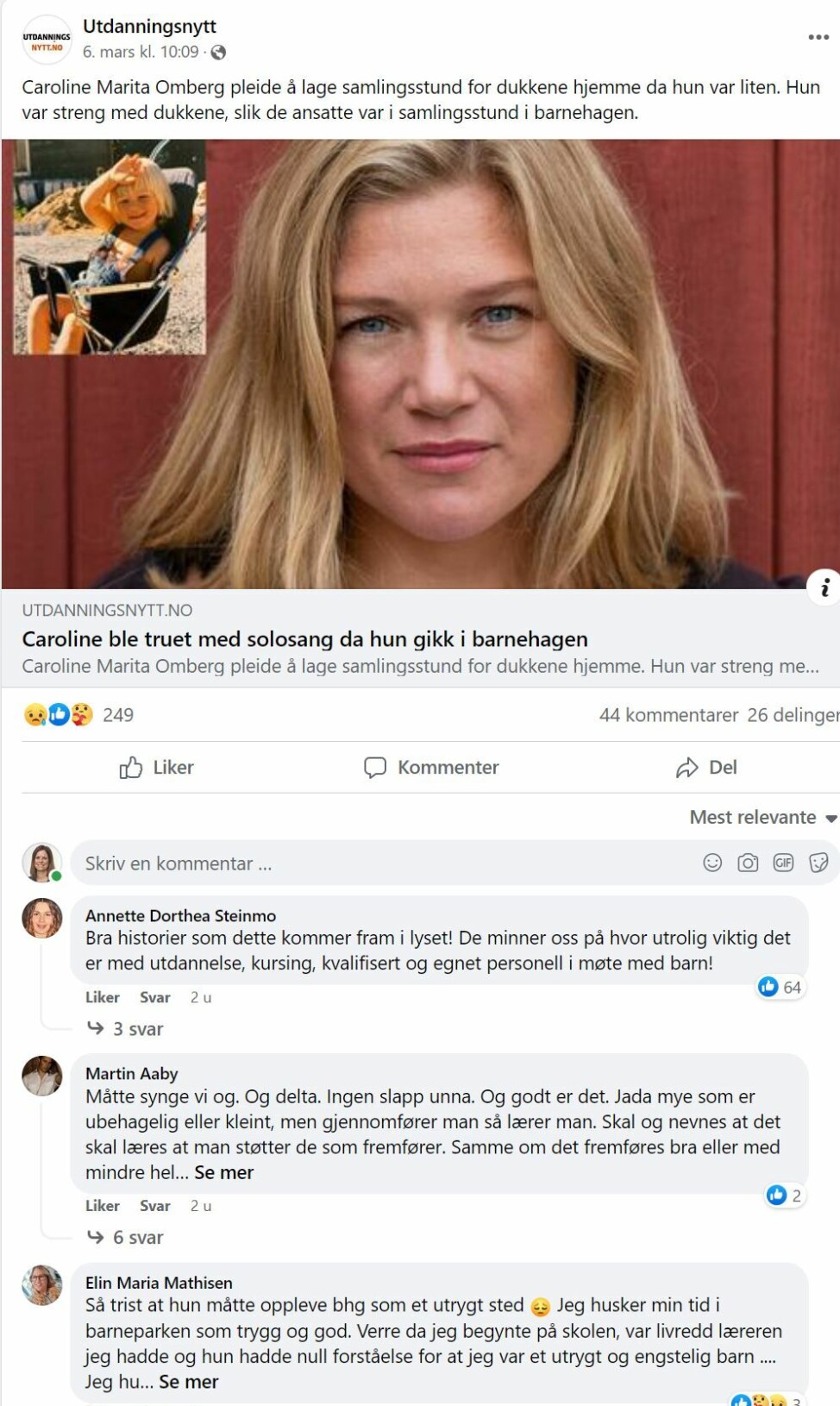 Caroline fikk massiv støtte fra leserne etter at hun sto frem og fortalte at hun ble truet med solosang og var redd de ansatte i barnehagen som liten.