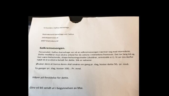 Flere barnehager har det gøy med foreldre på denne dagen. Disse vil ha ekstra betalt for å smøre barna med solkrem. Flere barnehager har det gøy med foreldre på denne dagen. Disse vil ha ekstra betalt for å smøre barna med solkrem.